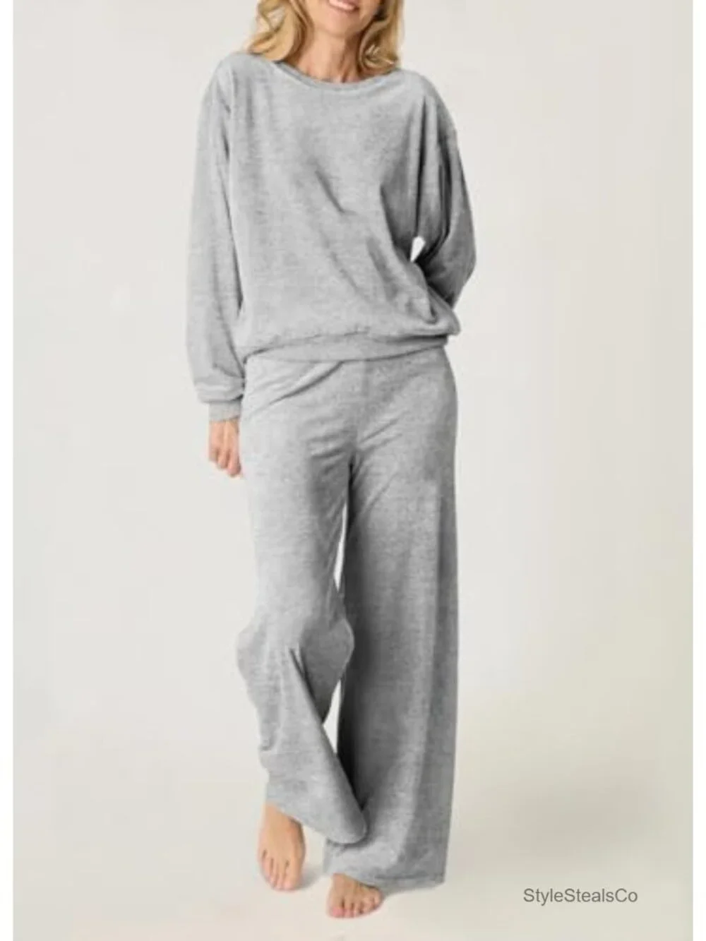 Women's 2-Piece Lounge Sleepwear Set Brushed Jersey Long Sleeve Top & Wide Leg